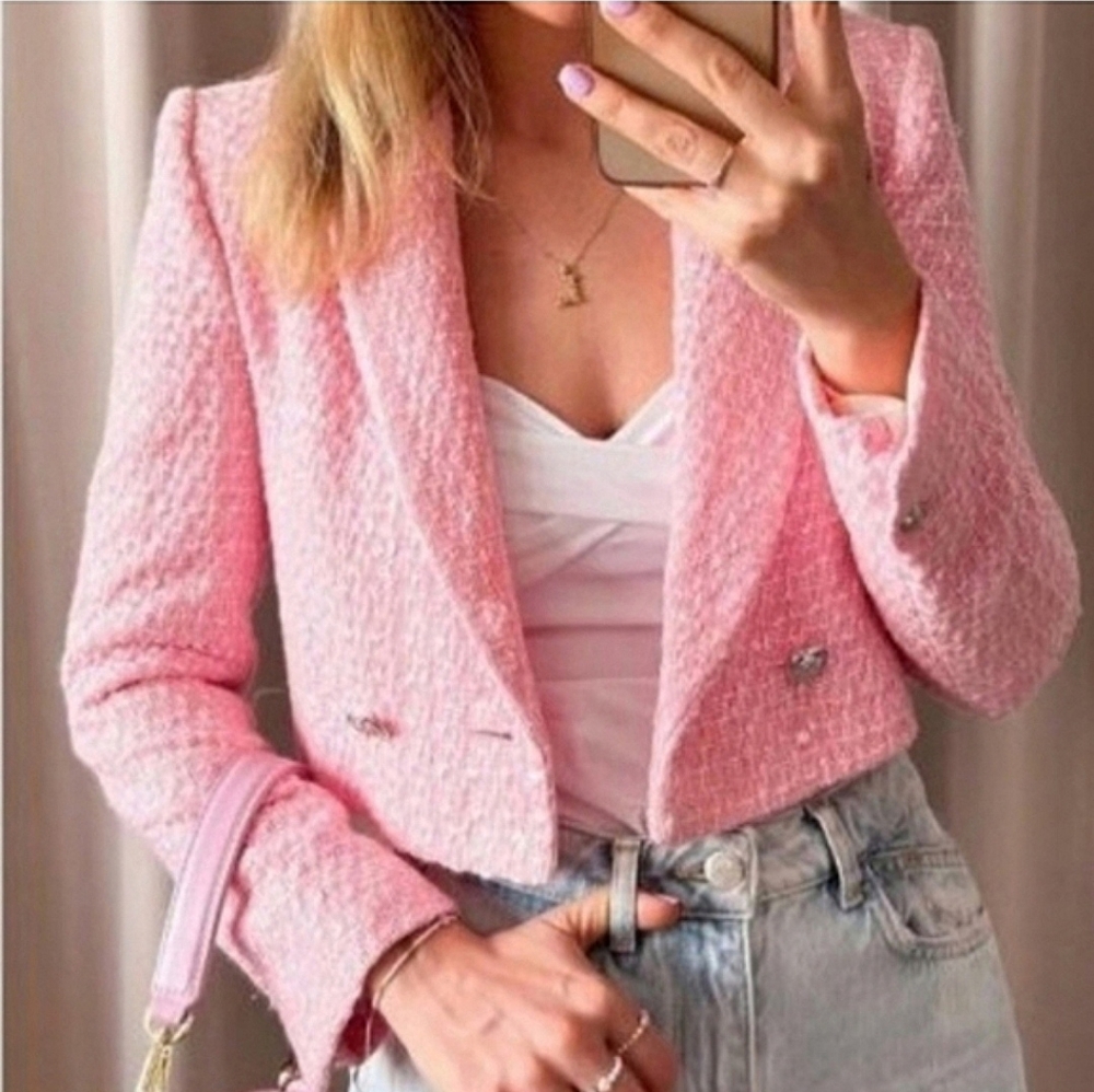 Zara cropped tweed textured blazer pink Size M